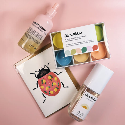 Open self care gift box with native botanical products and greeting card – Clare Makes hamper