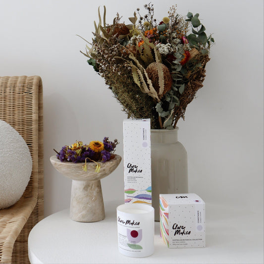 Clare Makes Constance candle and diffuser with eucalyptus and lavender, styled on a white background