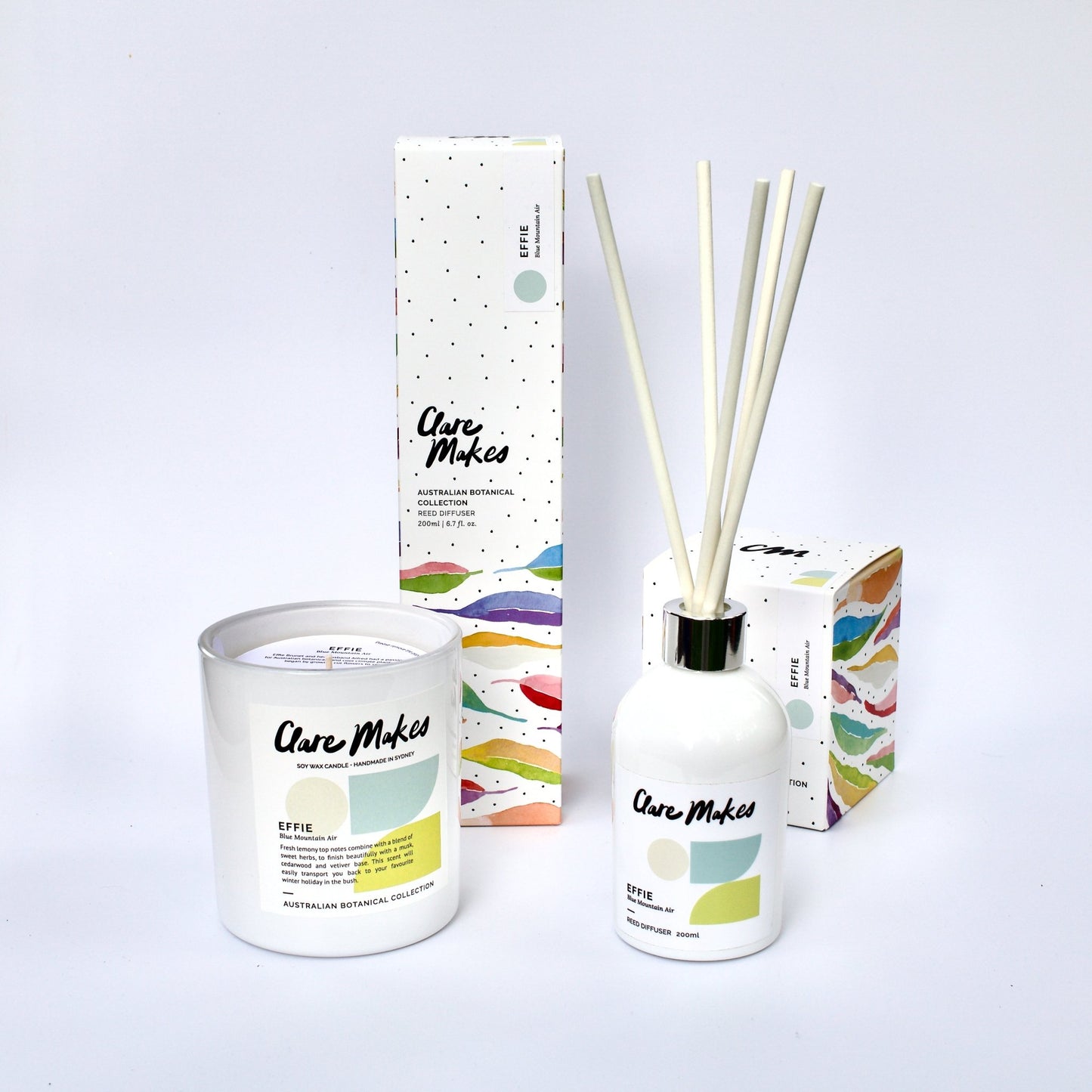 Effie: Blue Mountain Air candle and diffuser styled with soft lighting and a white background.