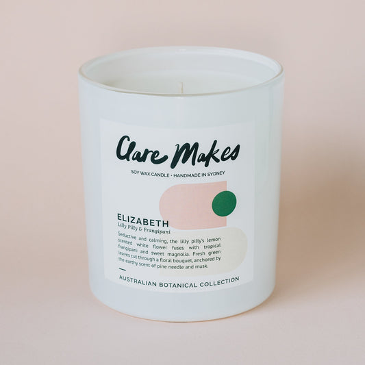 Lilly Pilly & Frangipani Extra Large Candle 400g - Clare Makes - hand-poured soy wax candle with creamy frangipani, tropical magnolia and native lilly pilly scent, styled with botanical elements