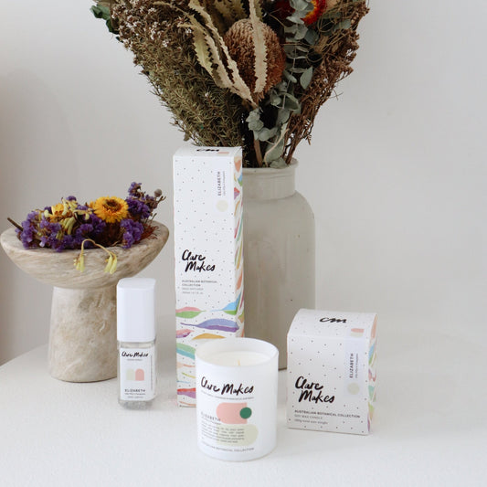Elizabeth candle, diffuser and room spray by Clare Makes, Lilly Pilly & Frangipani scent, styled with greenery