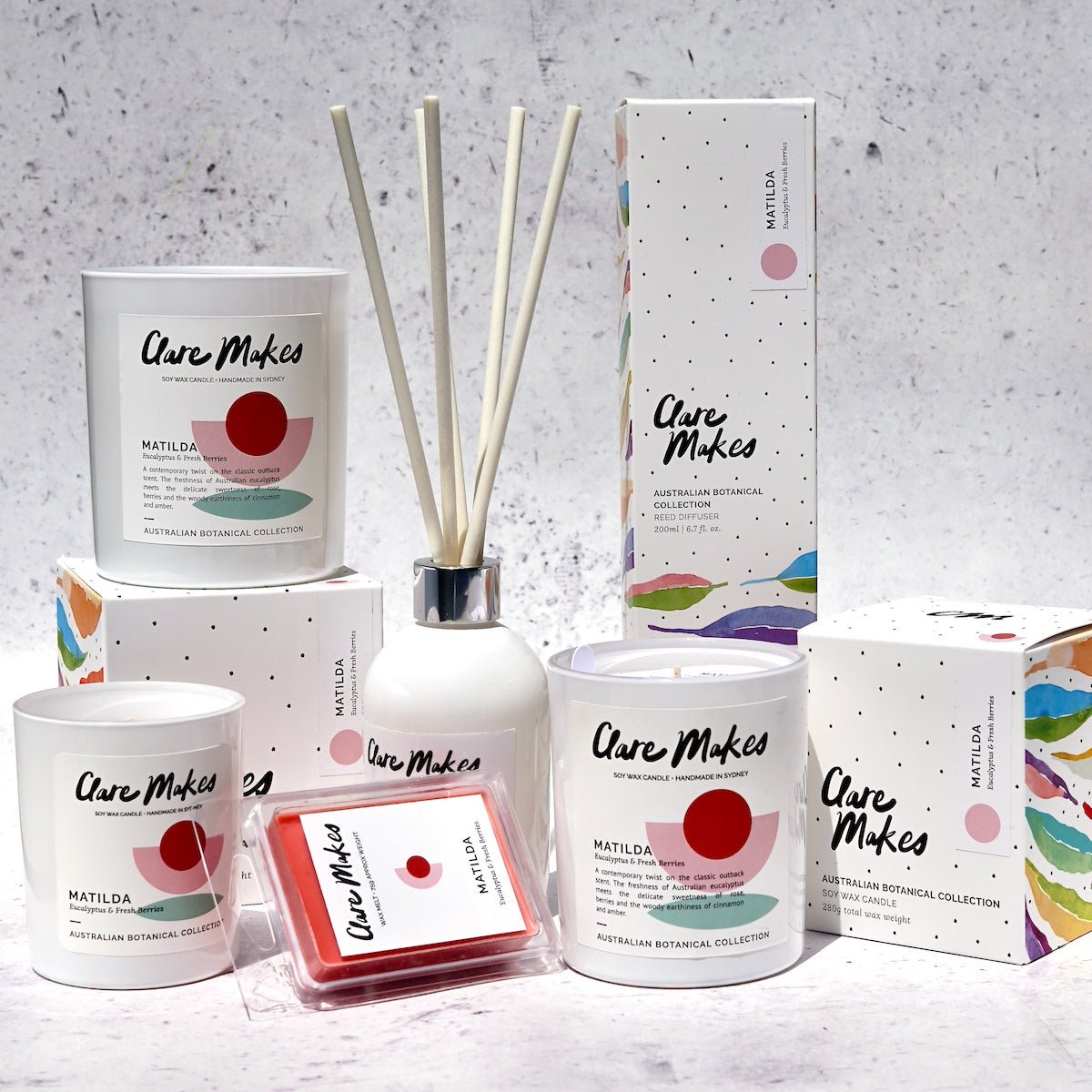Matilda scent gift set from Clare Makes including candle, room spray and diffuser in festive packaging