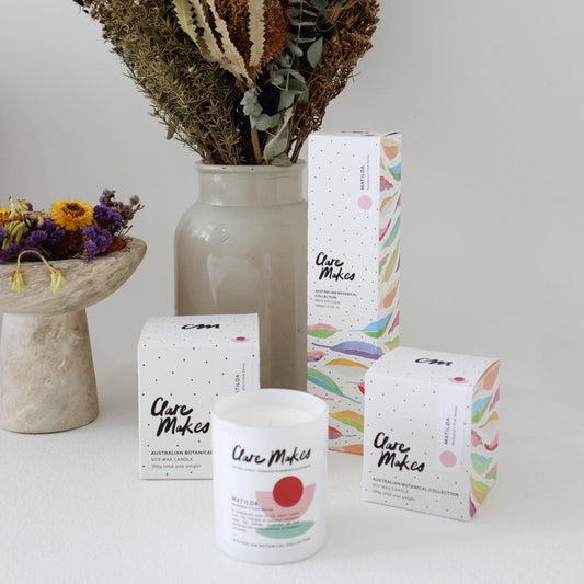 Clare Makes Matilda scent collection including candle, room spray and diffuser, styled with native flowers