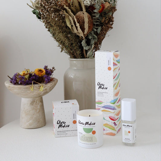 Quong Lemon Myrtle & Ginger home fragrance range by Clare Makes including candle, diffuser, and room spray