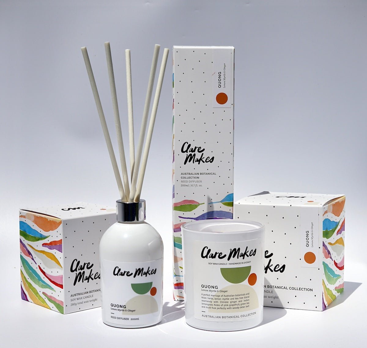 Quong Lemon Myrtle & Ginger home fragrance range by Clare Makes including candle, diffuser, and room spray