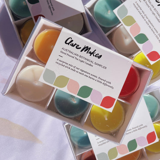 Gift-ready Clare Makes Tea Light Sampler featuring hand-poured soy candles with native botanicals