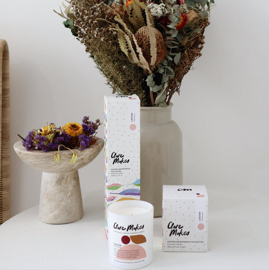 Wild Boronias Large Candle 280g - Clare Makes - hand-poured soy wax candle displayed with dried botanicals and styling for home decor