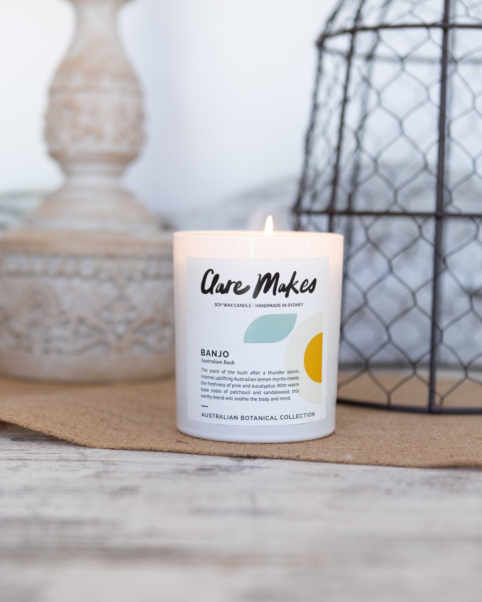 Banjo: Australian Bush candle styled with native florals - fresh and grounding soy candle