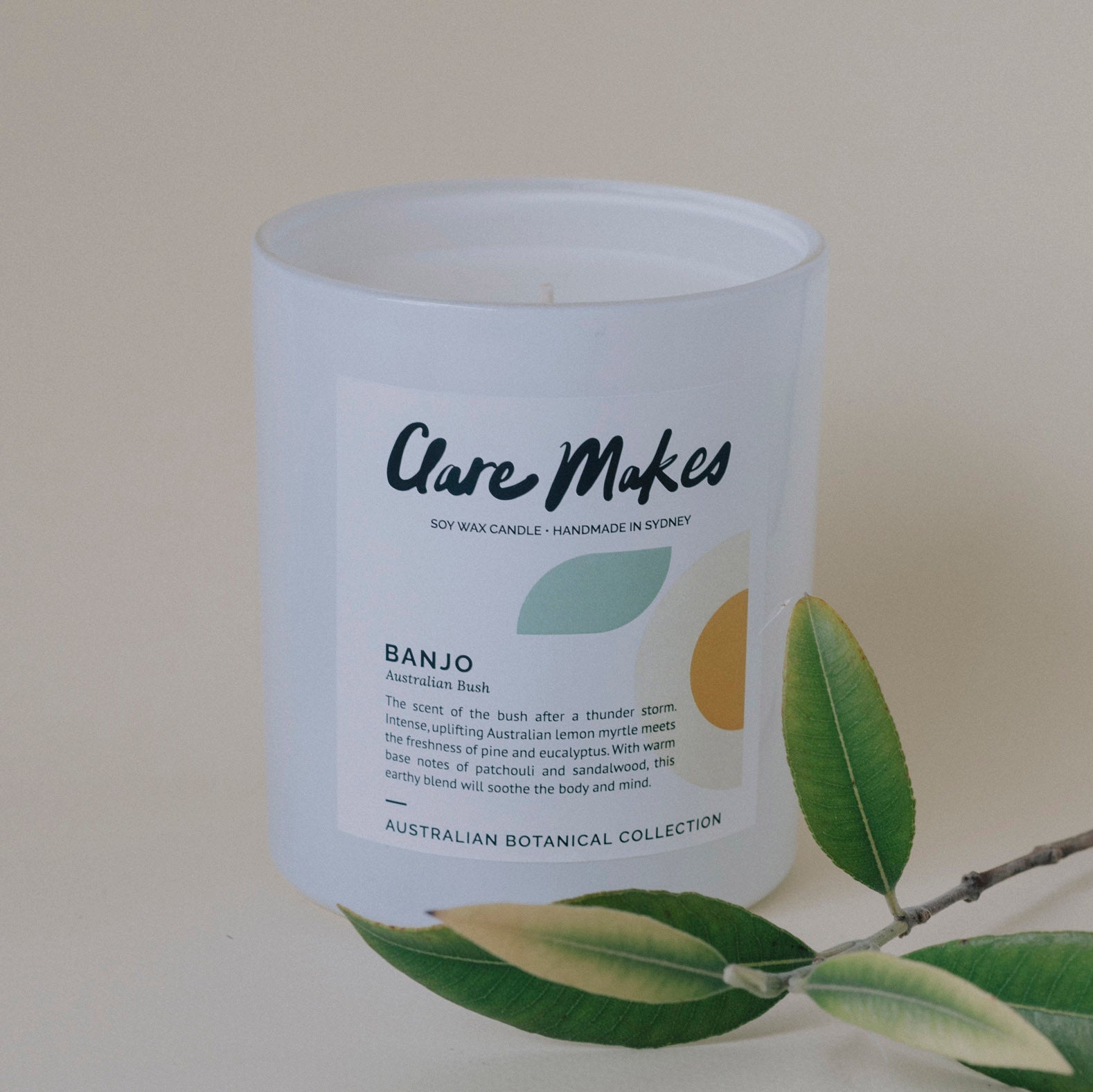 Banjo: Australian Bush candle with eucalyptus sprig - native scented soy candle by Clare Makes