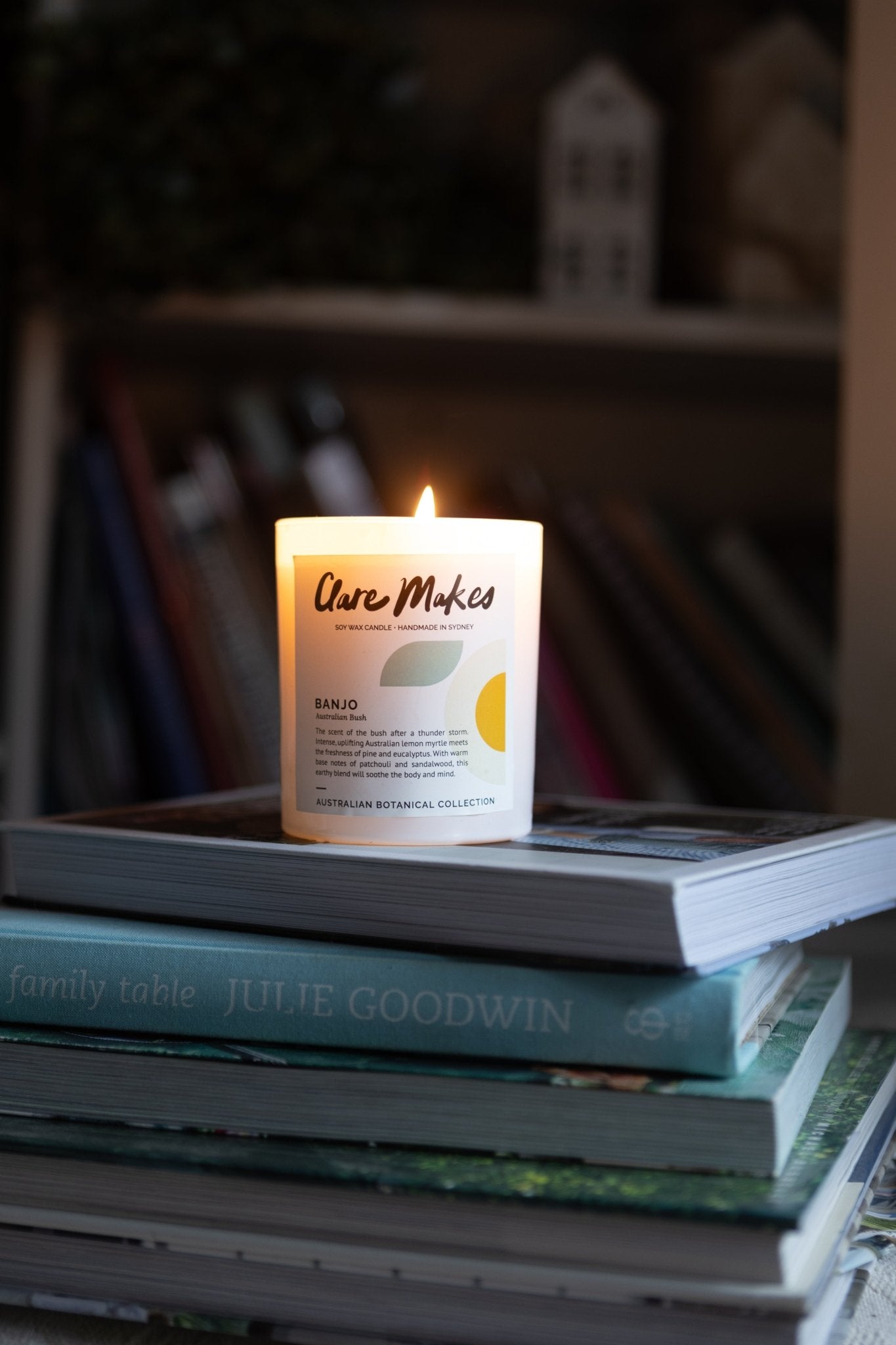 Banjo: Australian Bush candle styled in moody lighting - earthy and fresh scent by Clare Makes