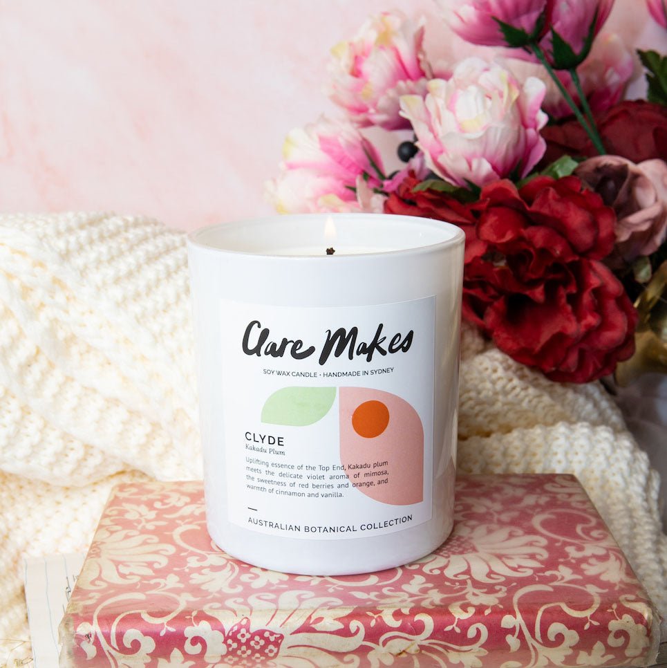 Sweet fruity Clyde: Kakadu Plum candle by Clare Makes on blush background