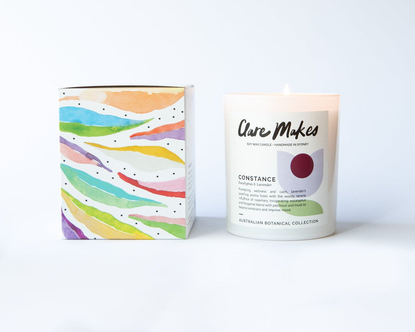 Clare Makes Constance candle with eucalyptus and lavender, in a box, styled on a white background