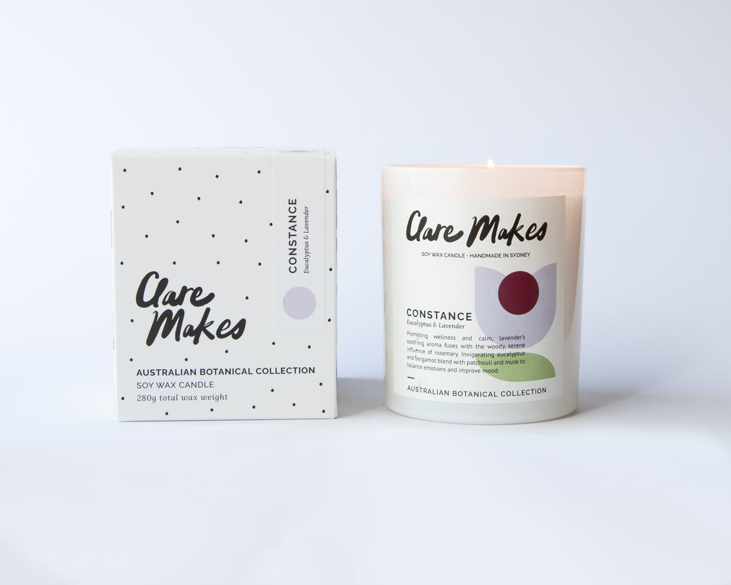 Clare Makes Constance candle with eucalyptus and lavender, in a box styled on a white background