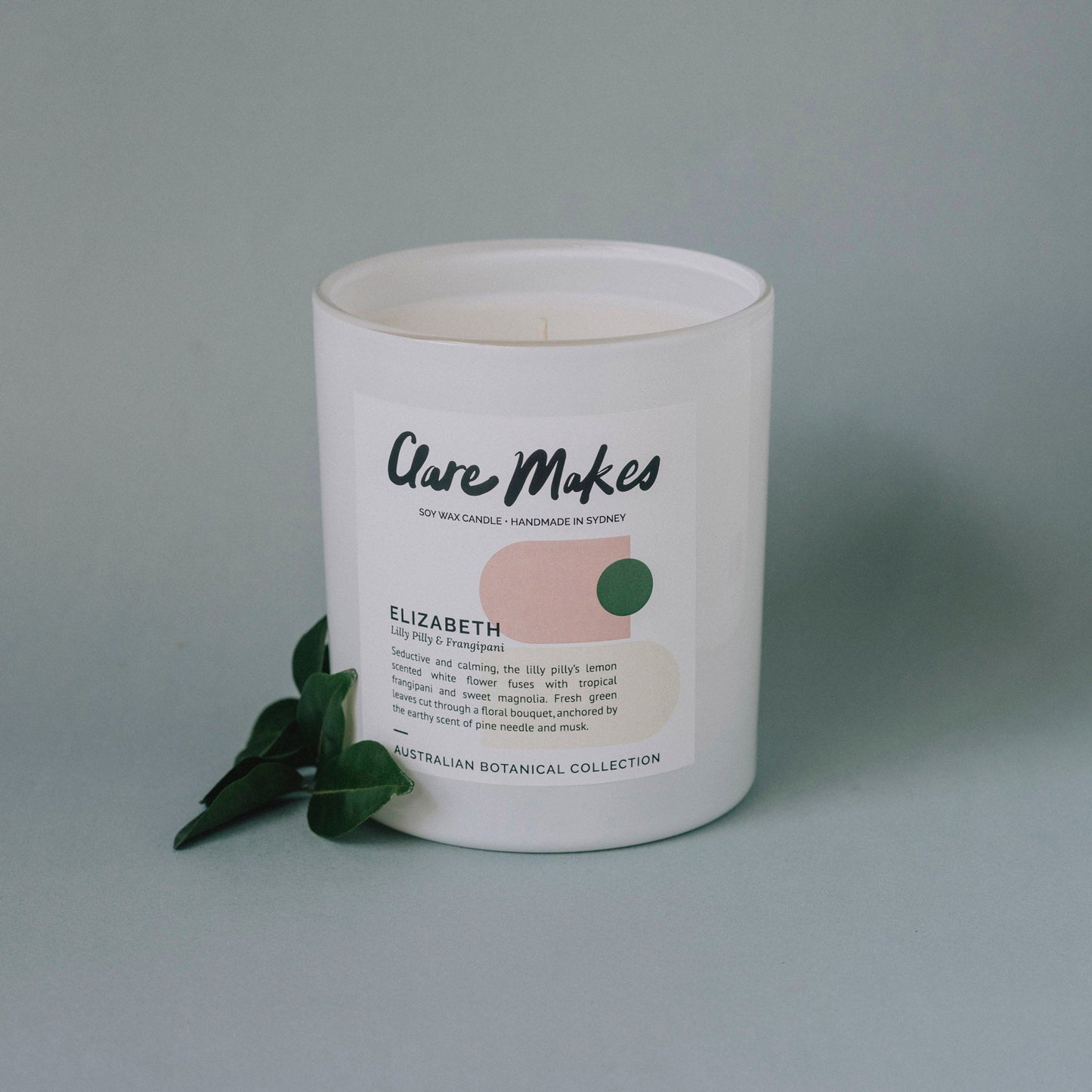 Elizabeth candle by Clare Makes, Lilly Pilly & Frangipani scent, styled with greenery
