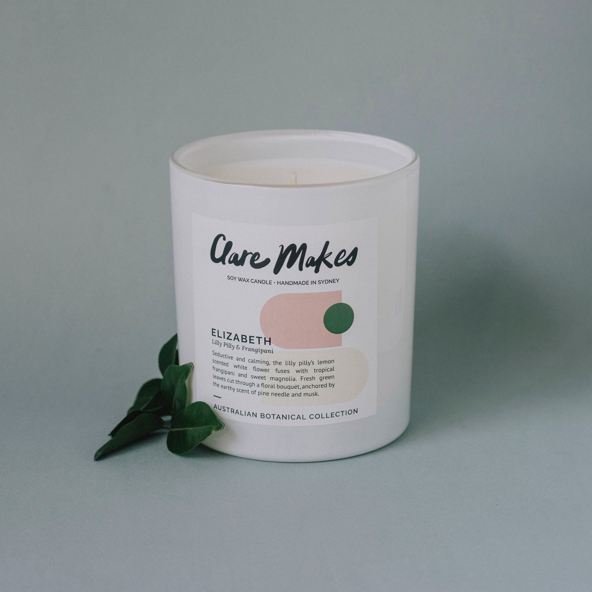 Elizabeth candle by Clare Makes, Lilly Pilly & Frangipani scent, styled with greenery