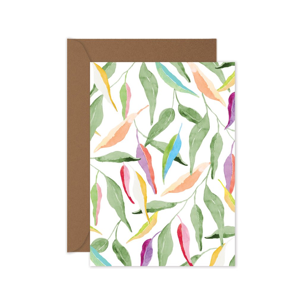 Blank greeting card with painted eucalyptus leaves