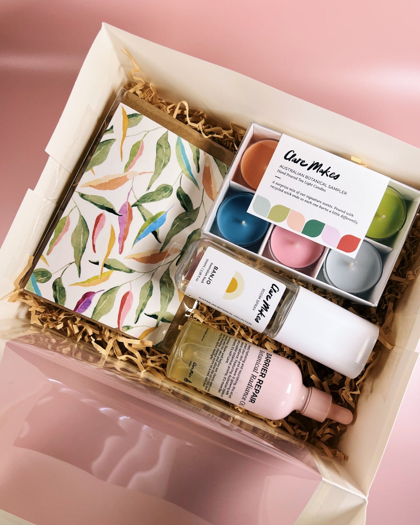 Australian botanical gift box with body oil, room spray, tea lights, and Littlehoothoot card – Clare Makes
