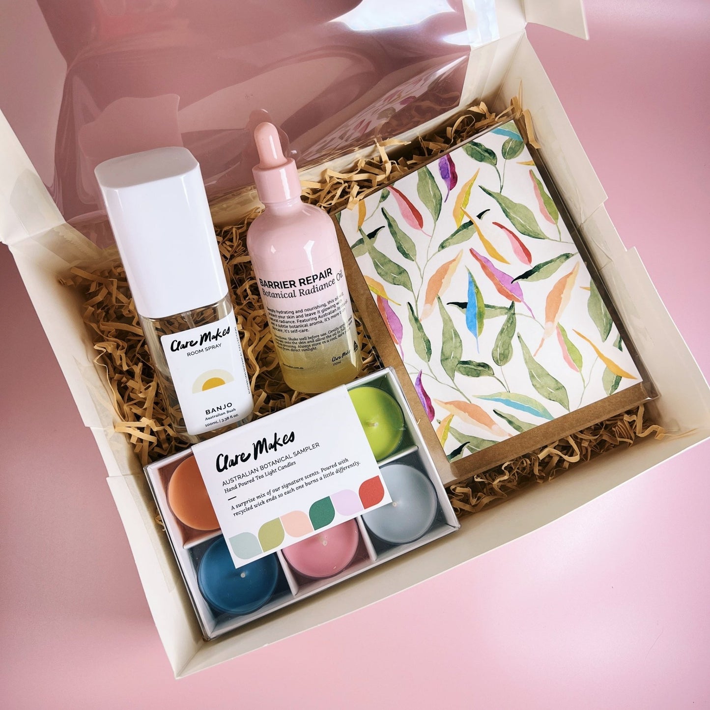 Australian botanical gift box with body oil, room spray, tea lights, and Littlehoothoot card – Clare Makes