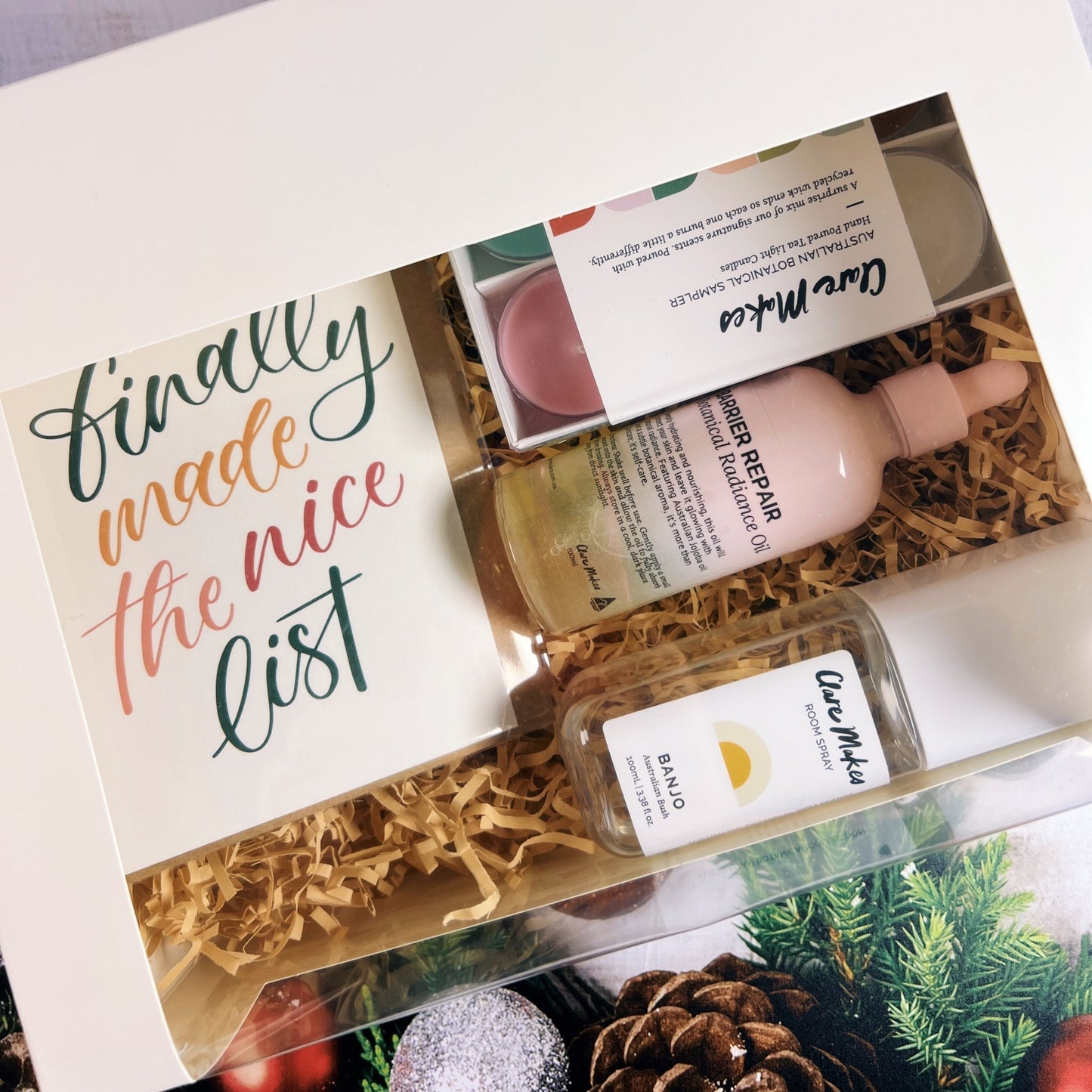 Limited edition Christmas gift hamper with Clare Makes botanical products and festive Littlehoothoot card