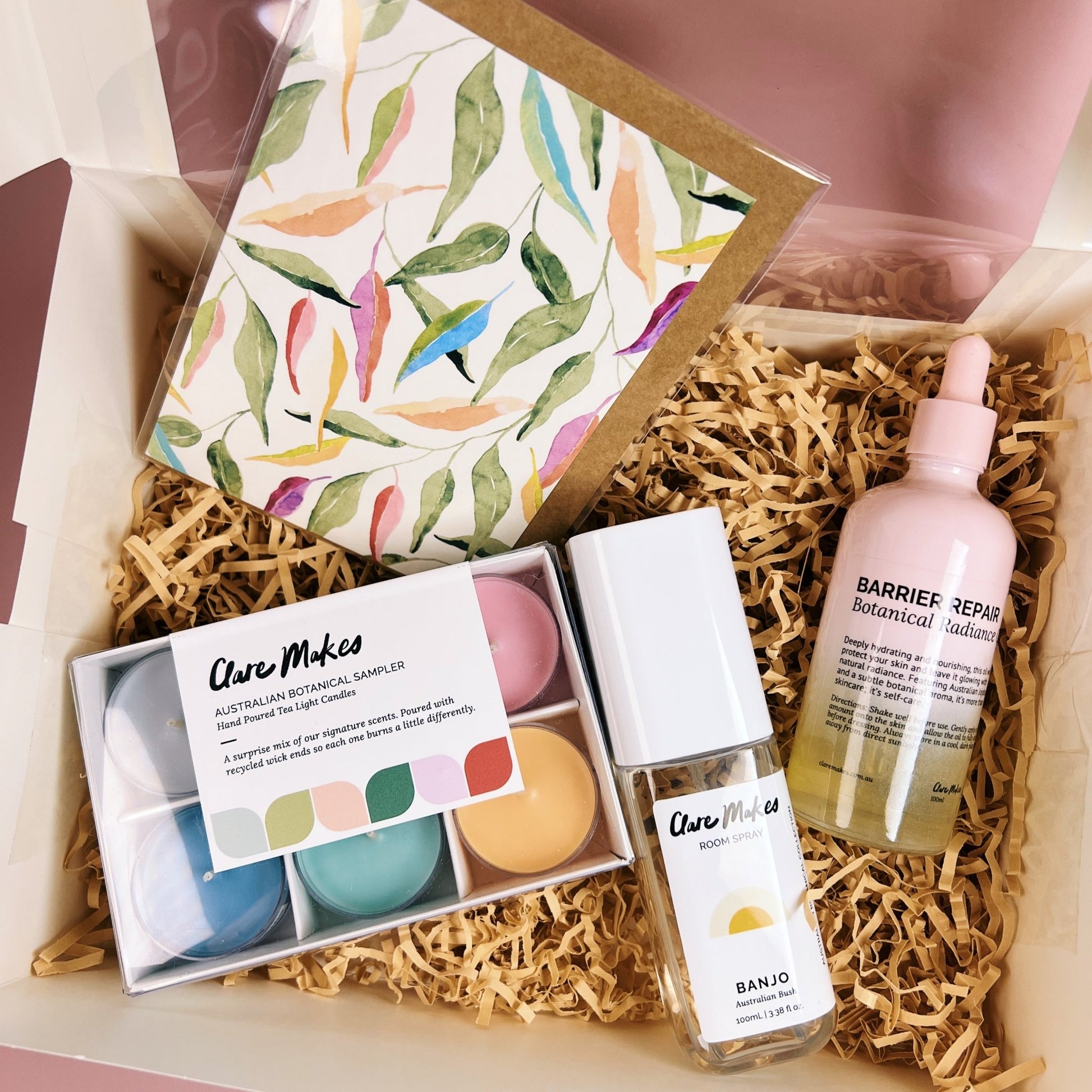 Australian Botanical Gift Hamper with room spray, body oil, tea lights, and Littlehoothoot card in a white box – Clare Makes