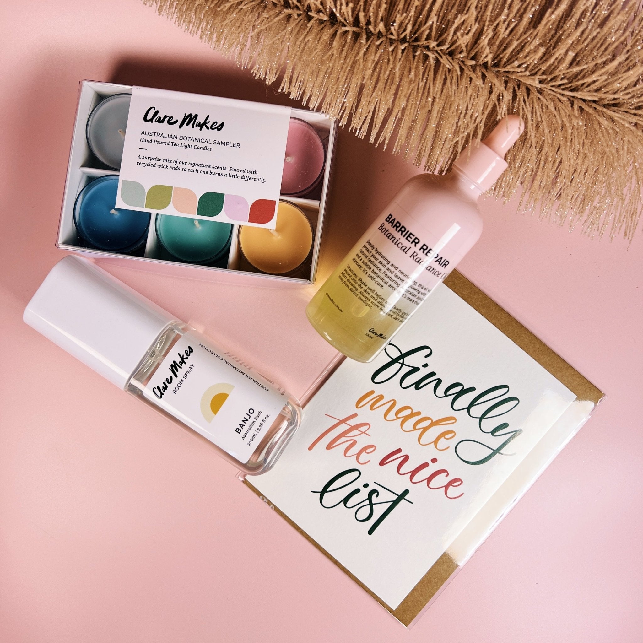 Limited edition Christmas gift hamper with Clare Makes botanical products and festive Littlehoothoot card