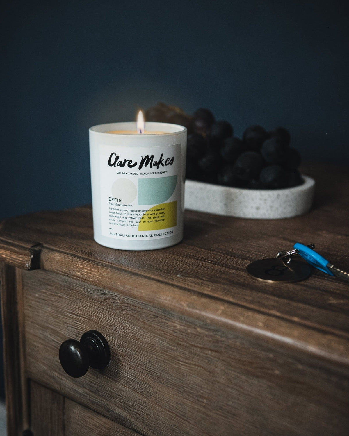Blue Mountain Air Large Candle 280g - Clare Makes - reusable glass jar with hand-poured natural wax candle displayed on dark wooden surface