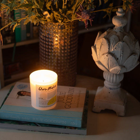 Effie: Blue Mountain Air - Clare Makes Candle - extra large 400g soy wax candle with lemon myrtle and cedar scent, burning in cosy home setting