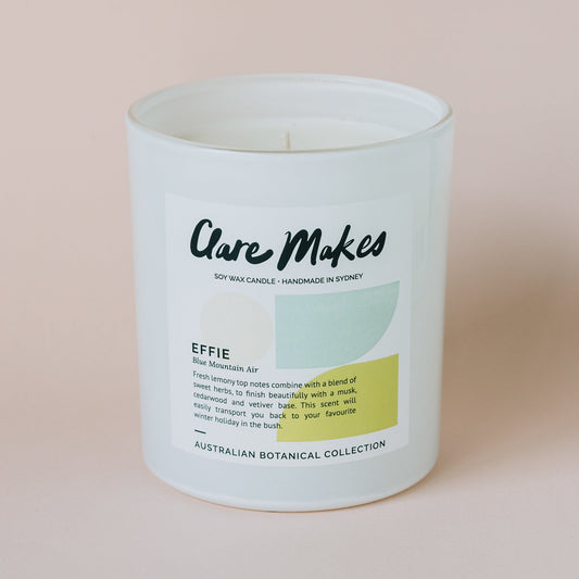 Blue Mountain Air Extra Large Candle 400g - hand-poured soy wax candle in glass jar with 60-hour burn time from Clare Makes