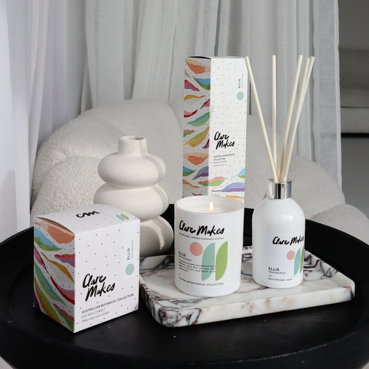 Ghost Gum Breeze Extra Large Candle 400g - Clare Makes - hand-poured soy wax candle with clean eucalyptus, wildflower and moss scent, styled with fern and botanical elements