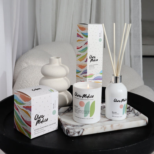 Ghost Gum Breeze Extra Large Candle 400g - Clare Makes - hand-poured soy wax candle with clean eucalyptus, wildflower and moss scent, styled with fern and botanical elements