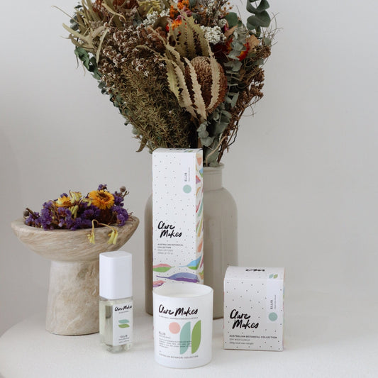 Ghost Gum Breeze Medium Candle 180g - Clare Makes - hand-poured soy wax candle with fresh eucalyptus and wildflower scent, styled with dried botanicals and moss