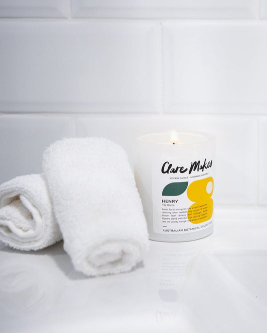 Wattle Large Candle 280g - hand-poured soy wax candle with golden wattle flowers and 50-hour burn time from Clare Makes