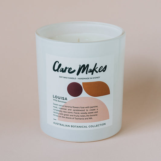 Wild Boronias Extra Large Candle 400g - Louisa scent - hand-poured soy wax candle with native boronia flowers and 60-hour burn time from Clare Makes