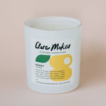 Wattle Large Candle 280g - Clare Makes - hand-poured soy wax candle with fresh, floral golden wattle scent and 50-hour burn time
